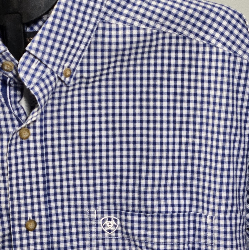 Ariat Pro Series Men's Blue Checkered Long Sleeved Button Down Shirt SIZE L TALL